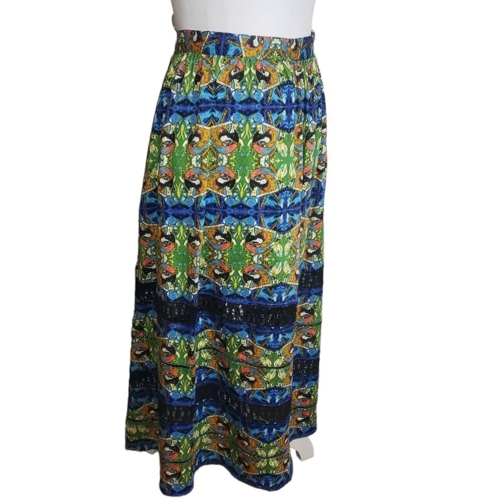 Sam Edelman Tulum Parrot Print Midi Skirt Size 12 Crochet Panels Bird Rockabilly